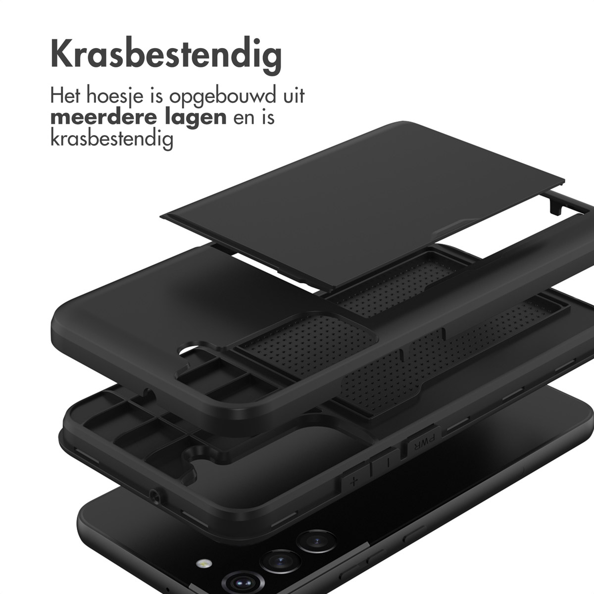 Explosieaanzicht van een zwart, meerlaags telefoonhoesjessysteem.