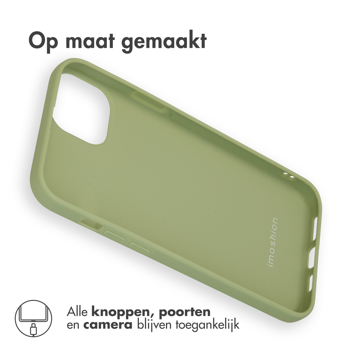 Een lichtgroene telefoonhoes ligt op een witte achtergrond.
