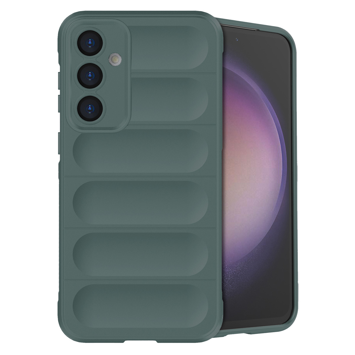 Custodia verde con design a coste, che copre il telefono. Il telefono mostra uno schermo viola-rosa.