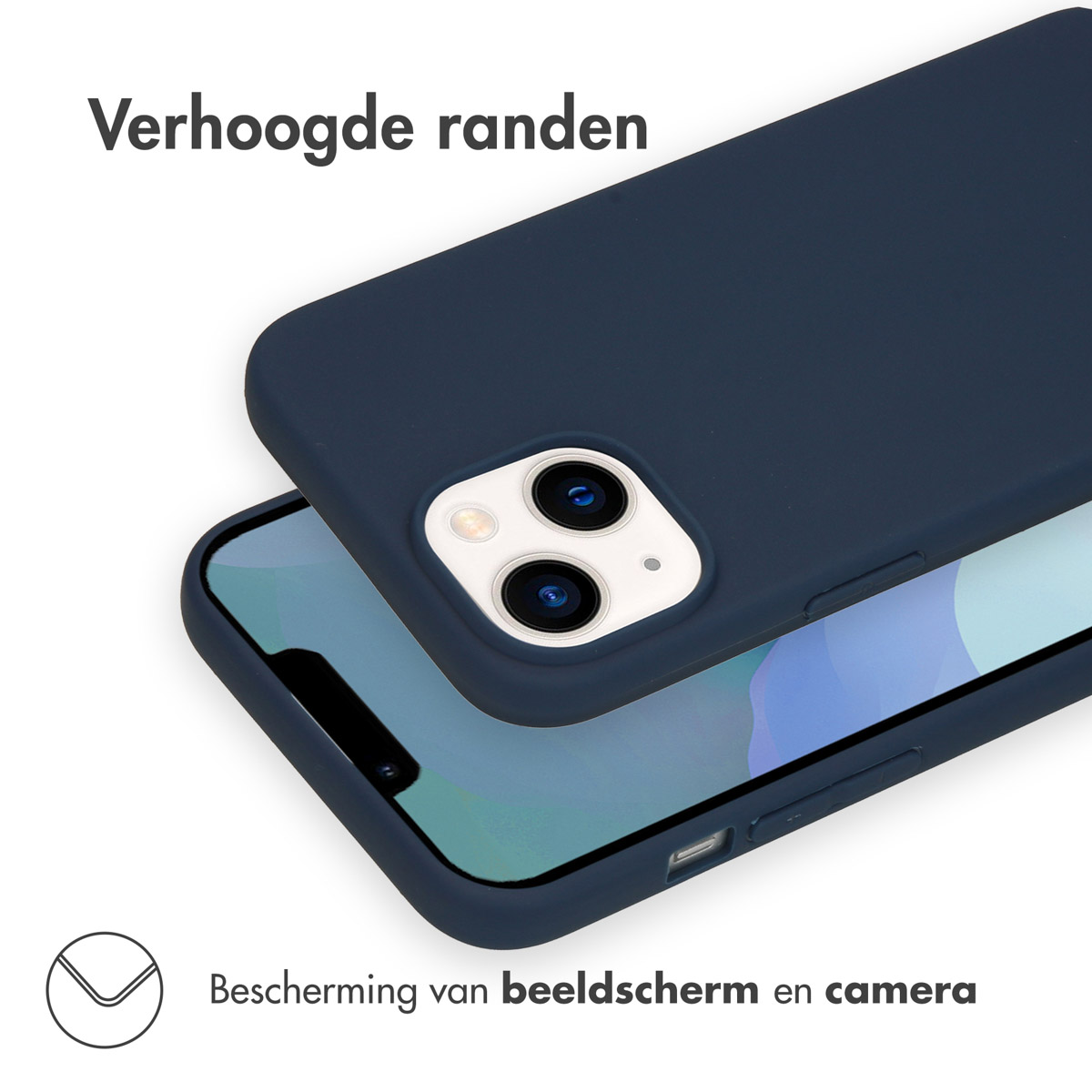 Blauwe telefoonhoes op witte ondergrond. Nederlandse tekst. De hoes bedekt scherm en camera.