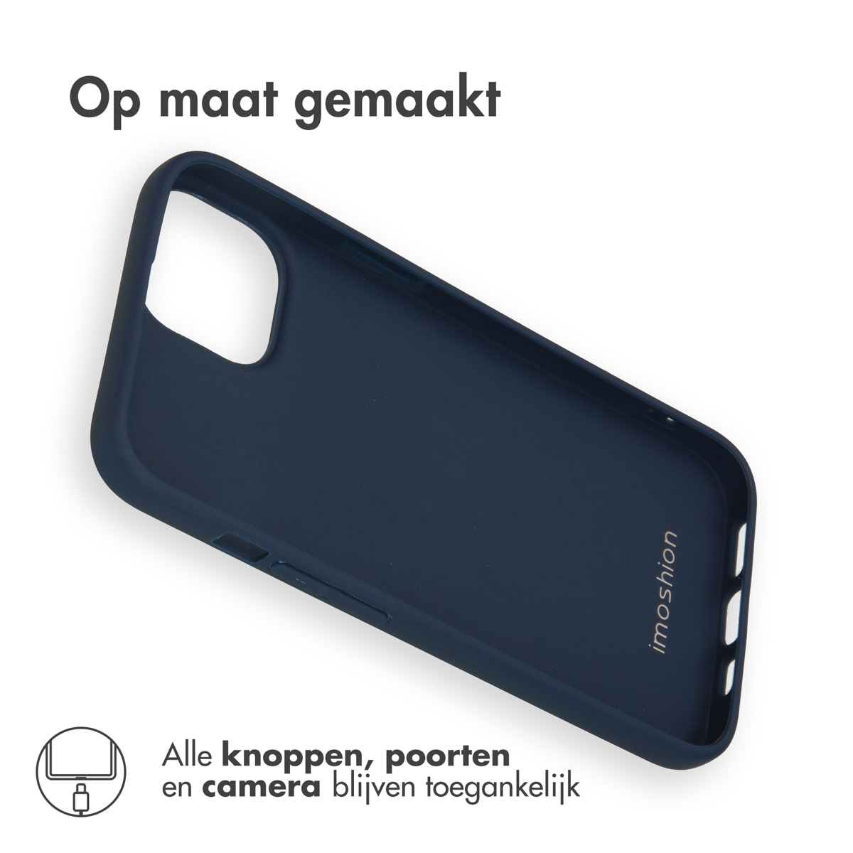 Een marineblauwe telefoonhoes op een witte achtergrond. De hoes staat schuin en toont de binnenkant.