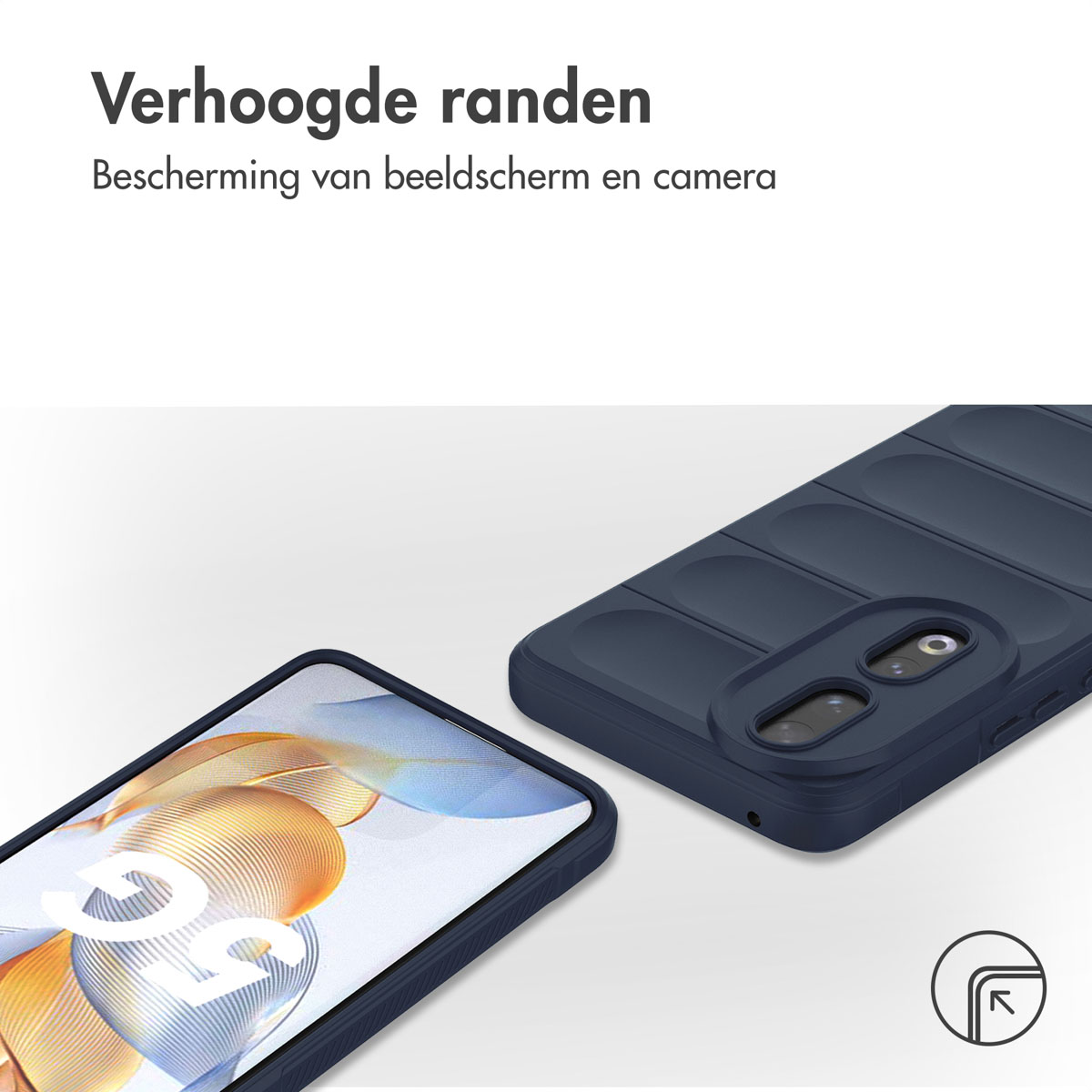 Une coque de téléphone avec un téléphone à l'intérieur. L'étui est bleu foncé.