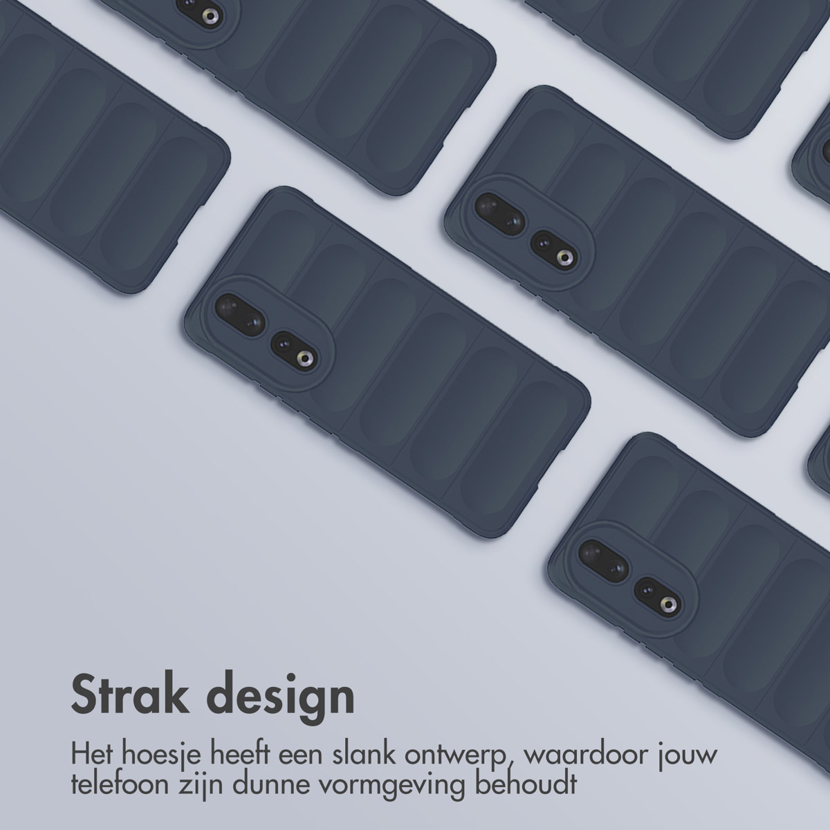 Plusieurs coques de téléphone bleu foncé. Le texte décrit un design élégant et comment le téléphone conserve sa forme.
