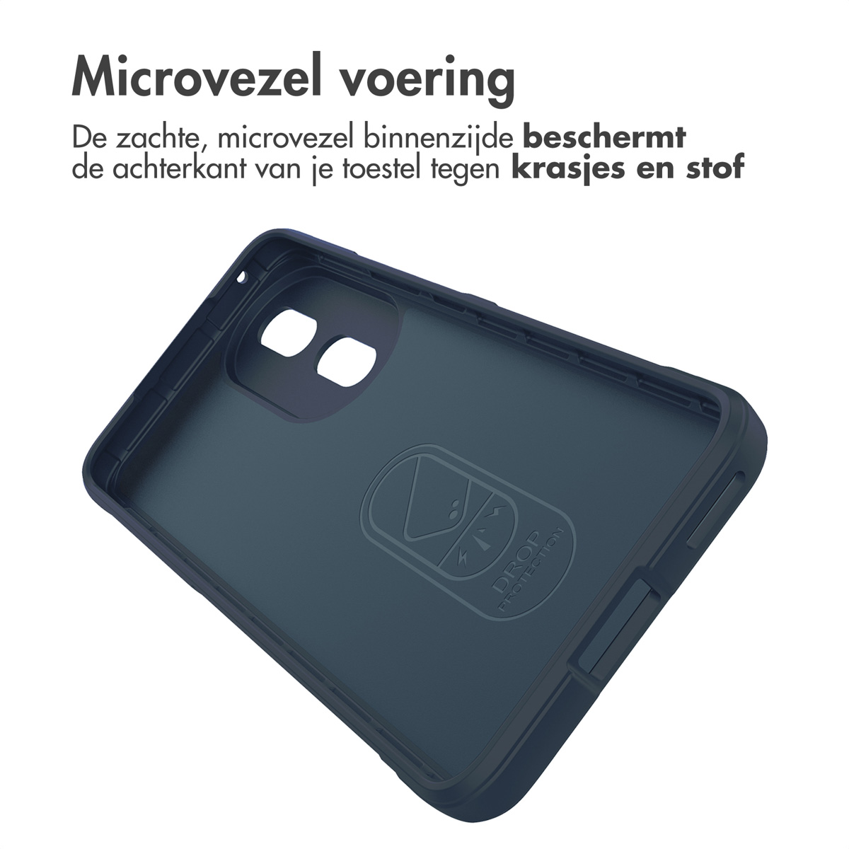 Intérieur d'étui de téléphone bleu marine, avec logo.