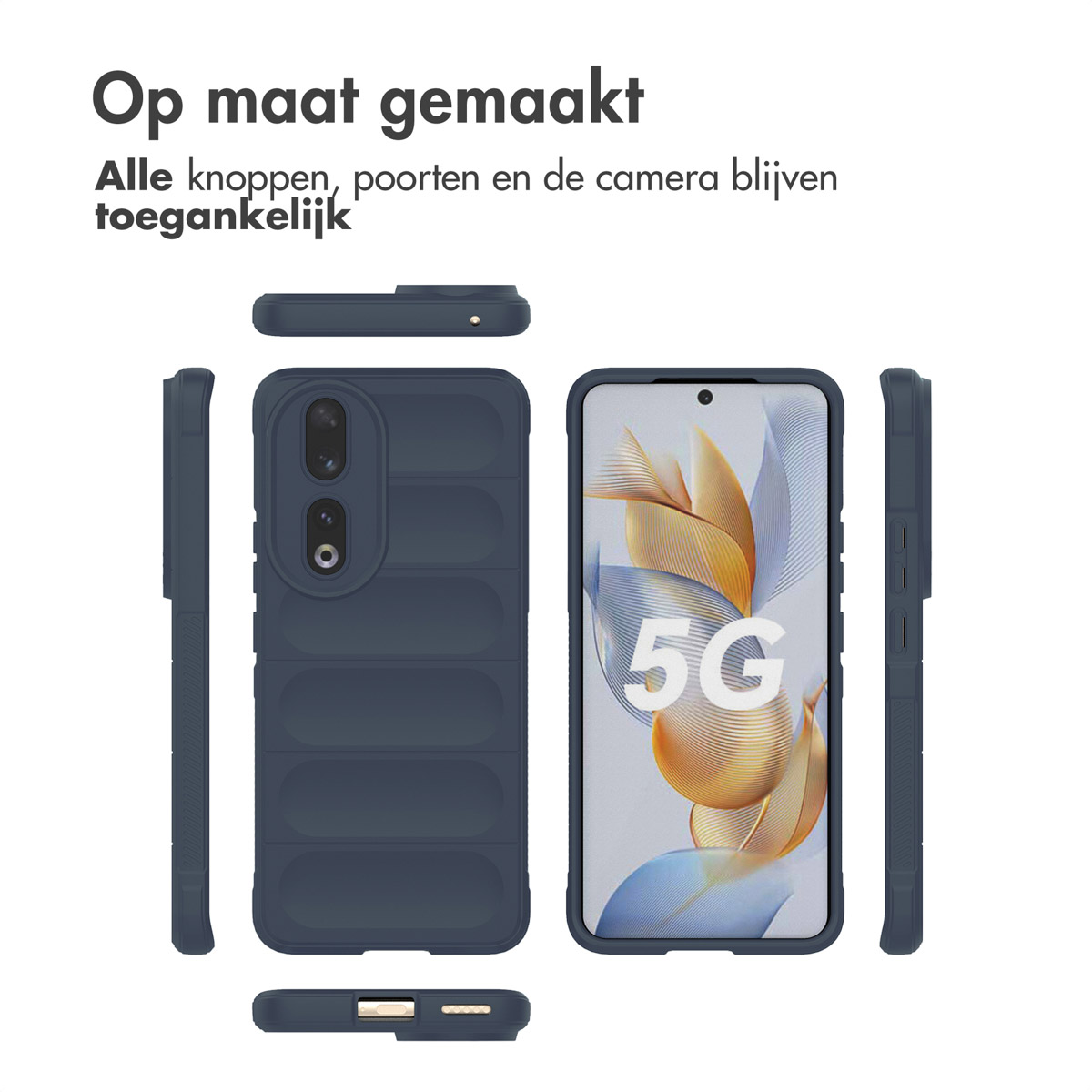 Trois vues d'une coque de téléphone bleu foncé et d'un smartphone avec logo 5G.