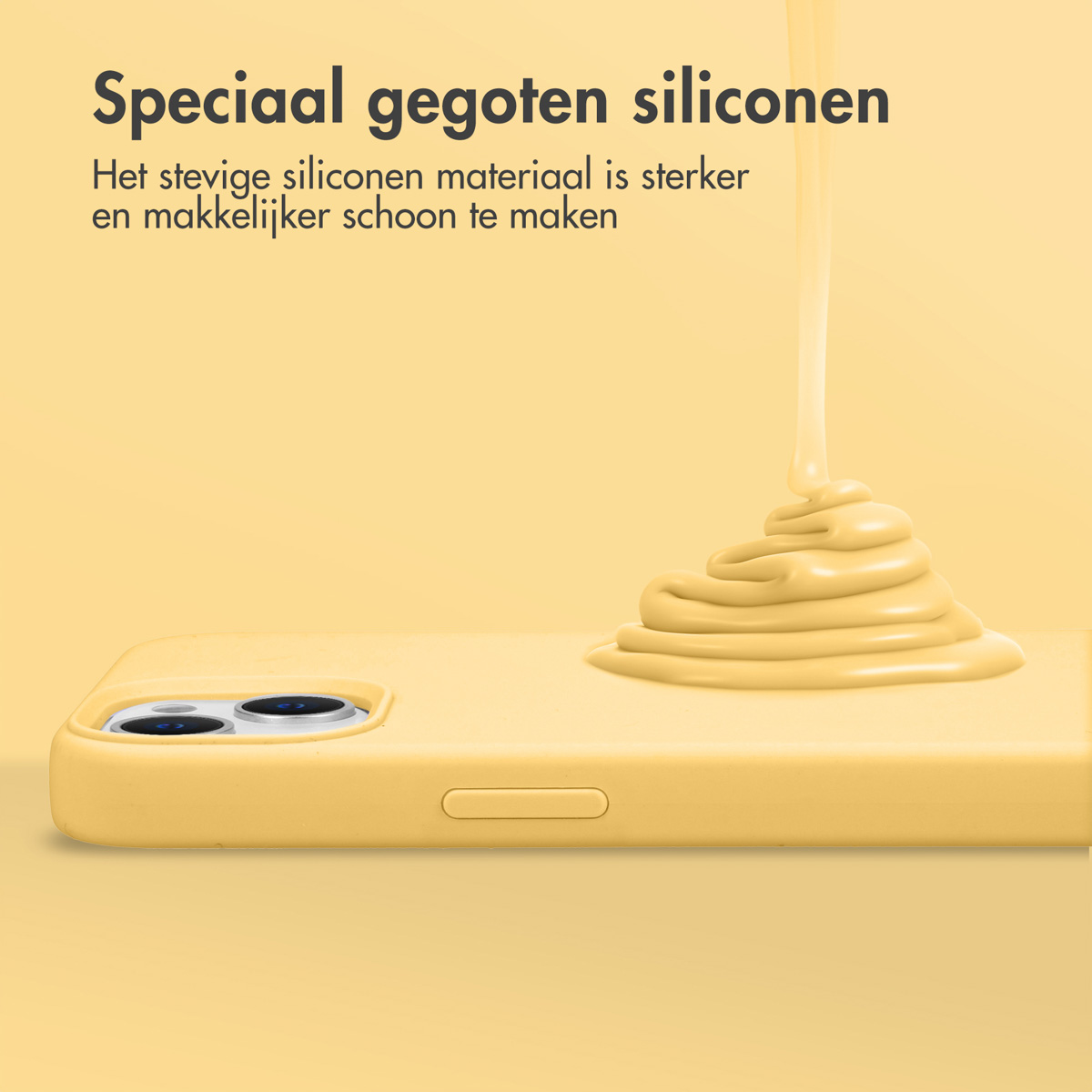Geel telefoonhoesje. Er wordt een gele vloeistof op het telefoonhoesje gegoten.