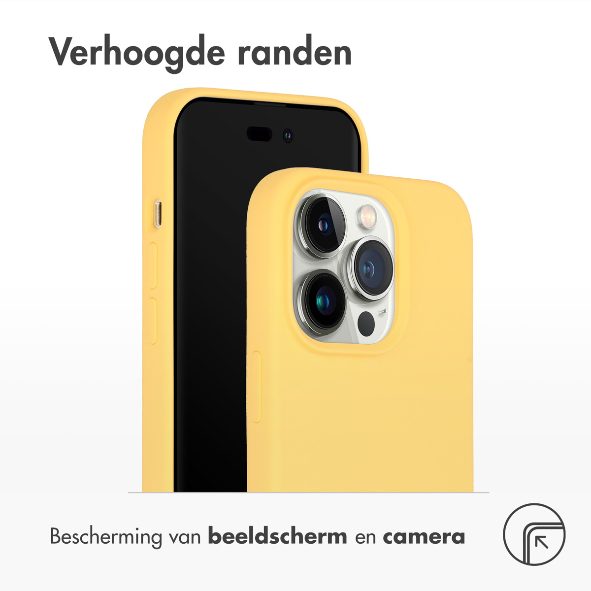 Een gele telefoonhoes bedekt de telefoon en camera, met de tekst 'Verhoogde randen'.