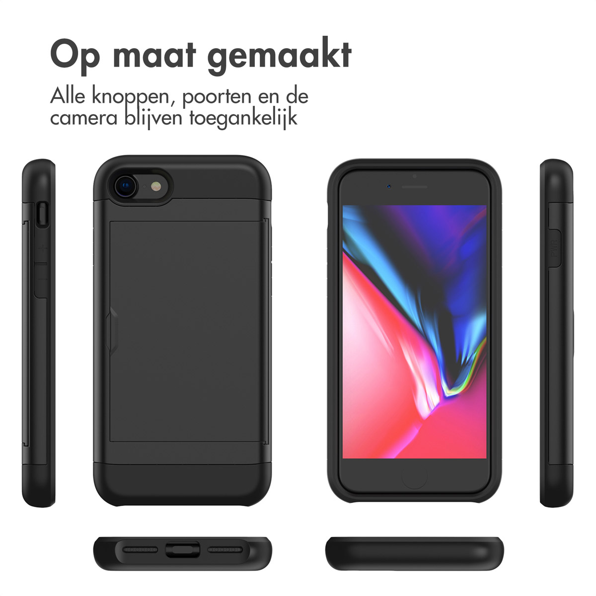 Zwarte telefoonhoes met voor-, achter- en zijaanzichten. Het scherm is aan.