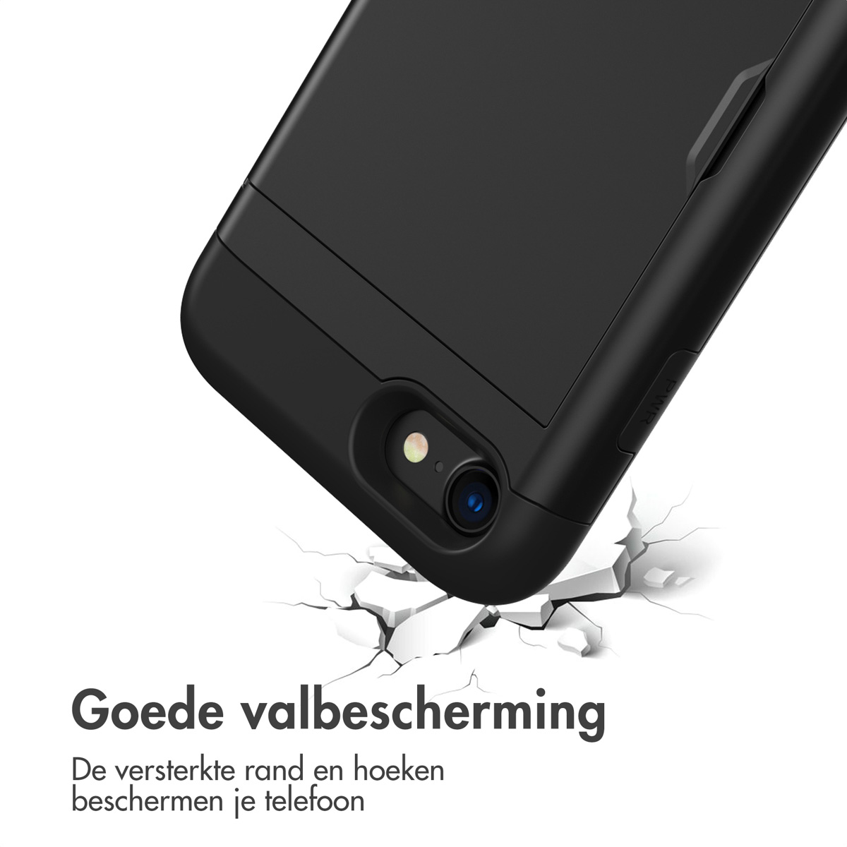 Zwarte telefoonhoes met camera, breekt op een barst.