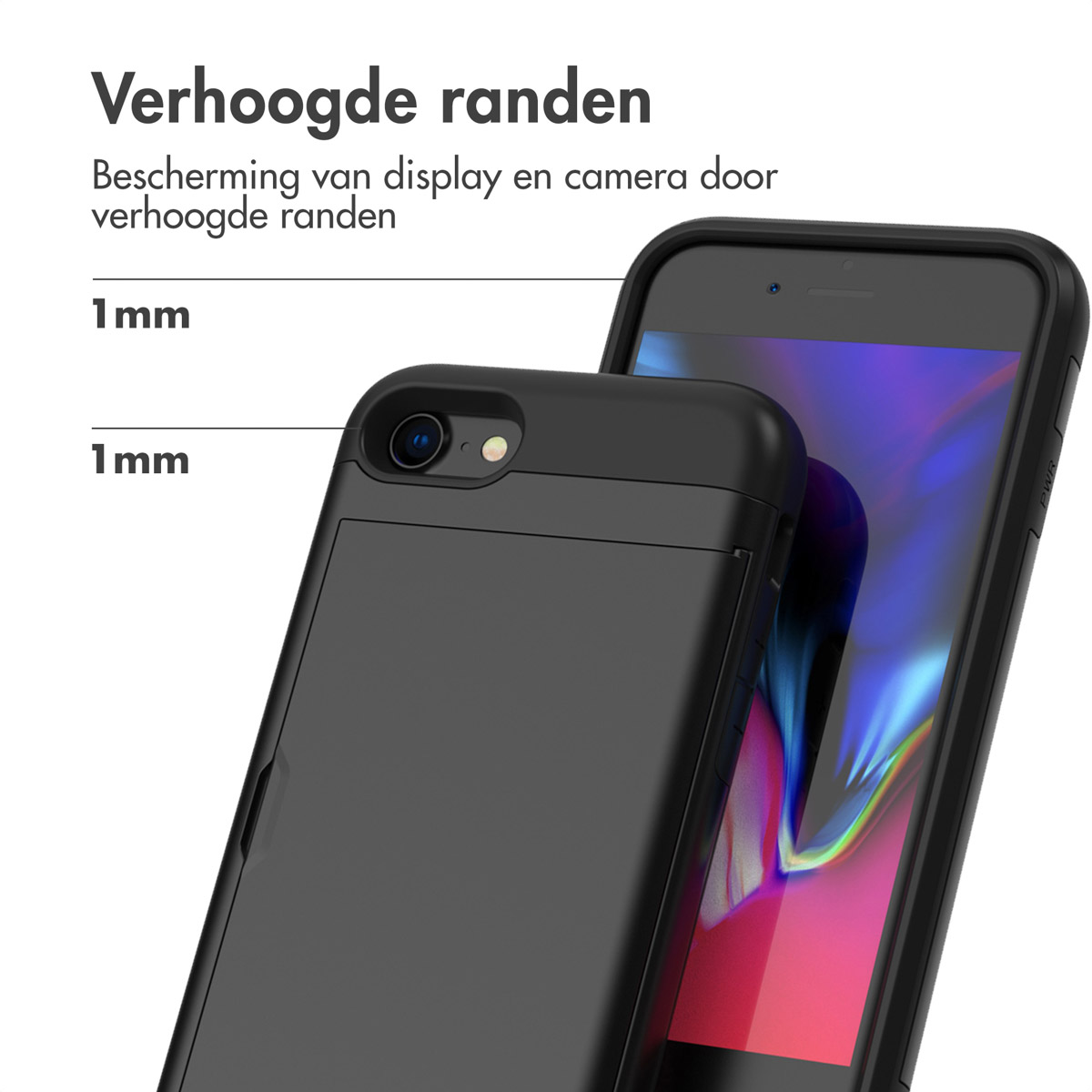 Zwarte telefoonhoes met 1mm verhoogde randen ter bescherming van scherm en camera.