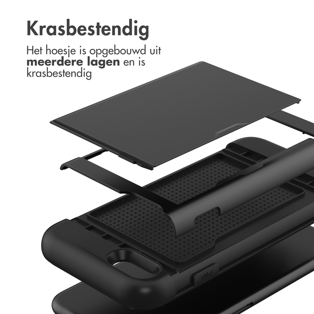 Explosie weergave van een zwarte telefoonhoes met meerdere lagen.