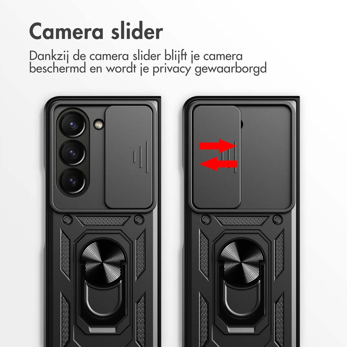 Coque de téléphone noire avec curseur de caméra. Deux flèches rouges indiquent l'action du curseur. Téléphone non inclus.