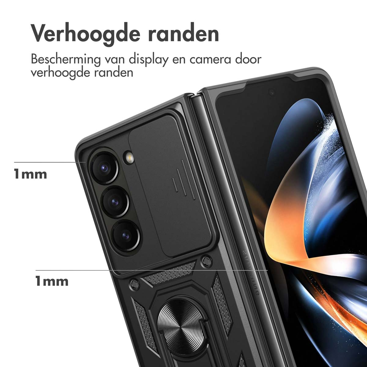 Coque de téléphone noire avec un téléphone à l'intérieur. La coque possède un curseur de caméra et un support d'anneau.