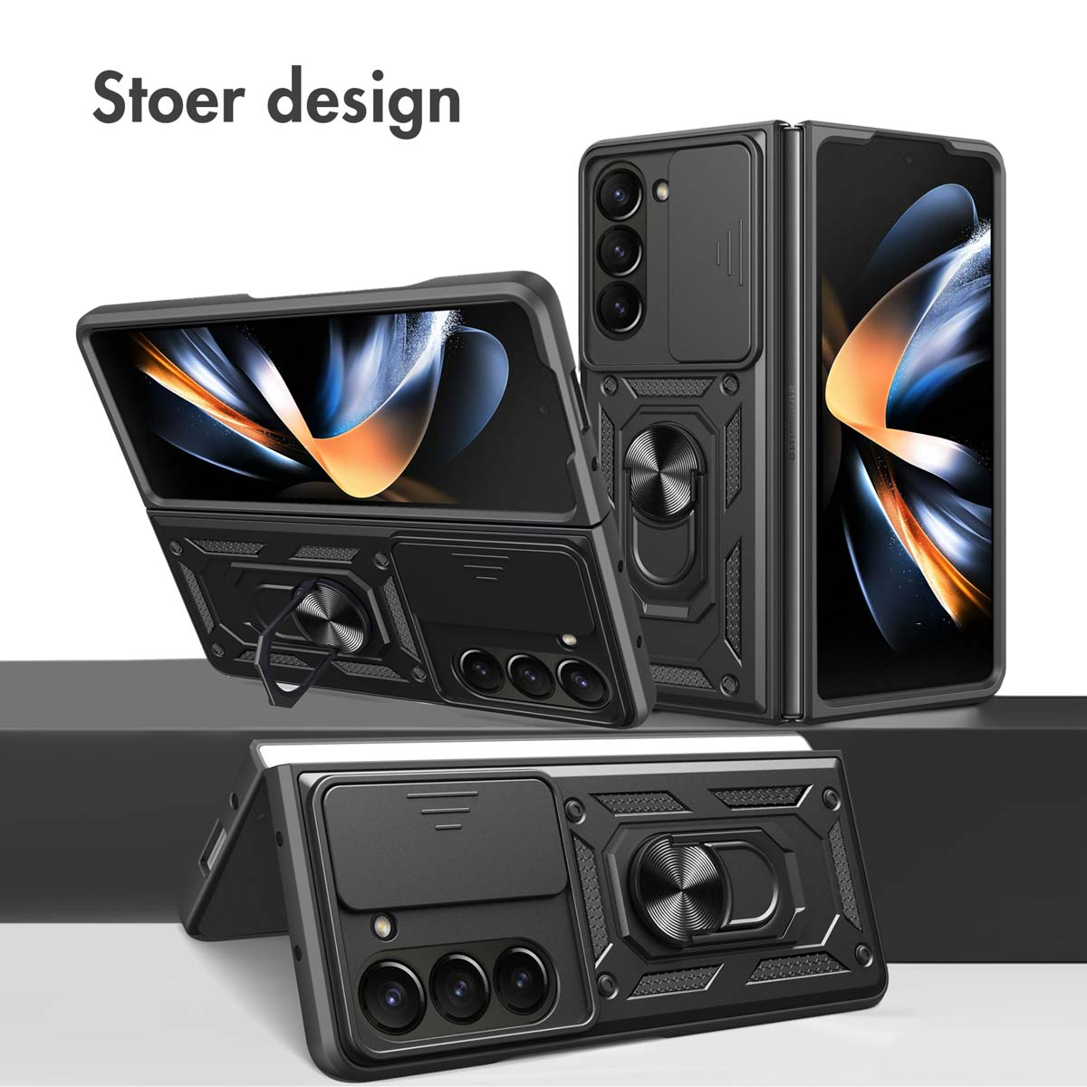 Coque de téléphone noire avec plusieurs écrans pliables et une bague rotative au milieu.