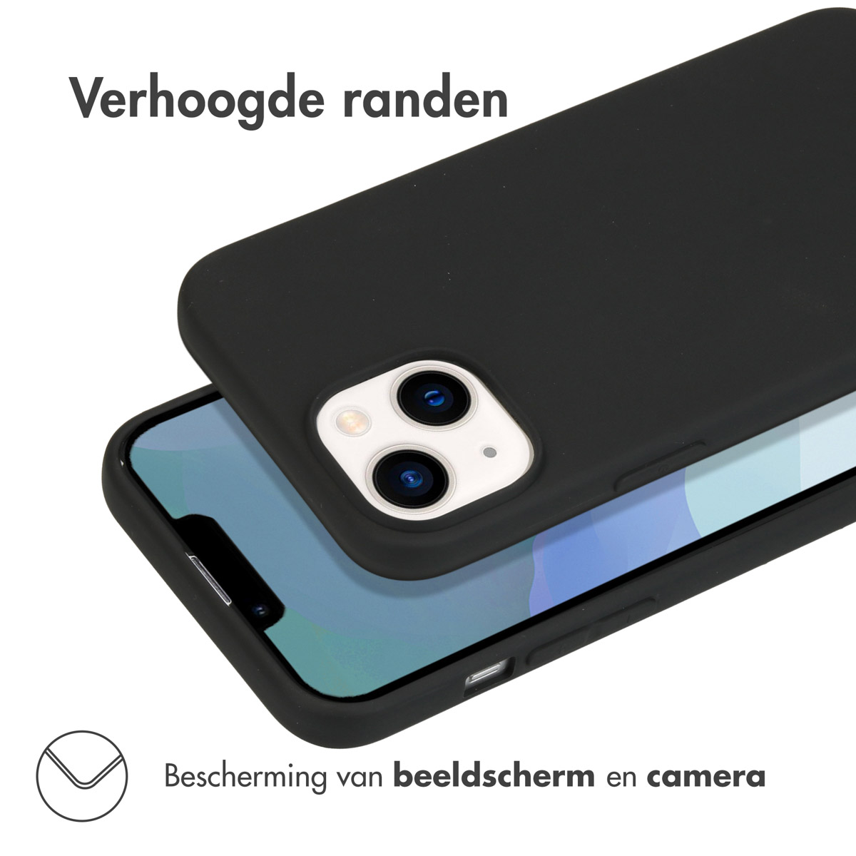 Een zwarte telefoonhoes ligt over een telefoon en toont de cameralenzen. De achtergrond is wit.