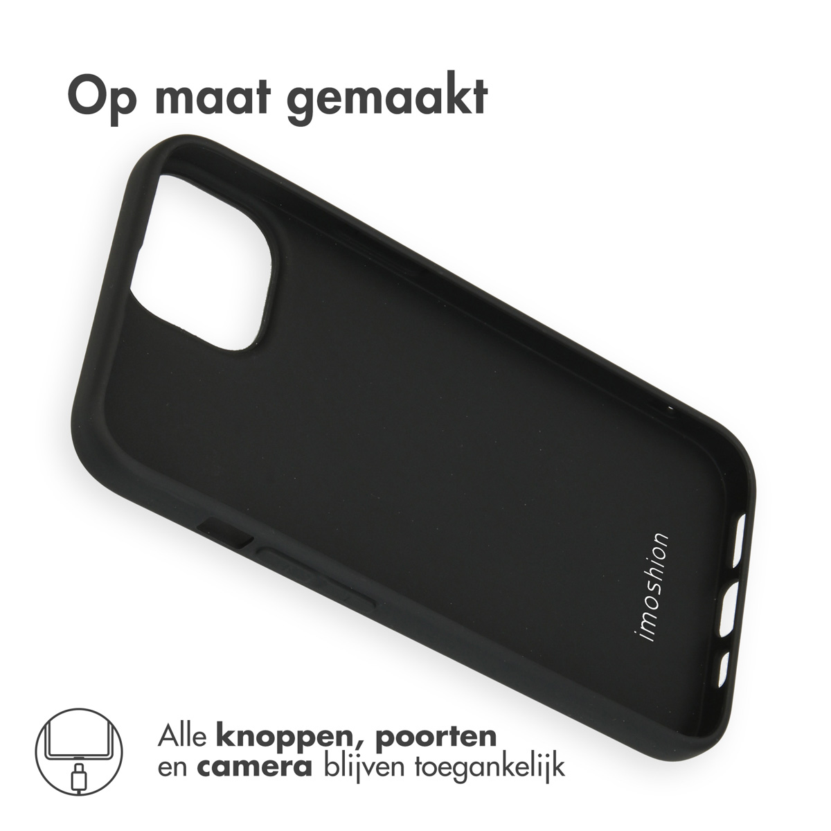 Een zwarte telefoonhoes op een witte achtergrond. De hoes staat schuin en toont de binnenkant.