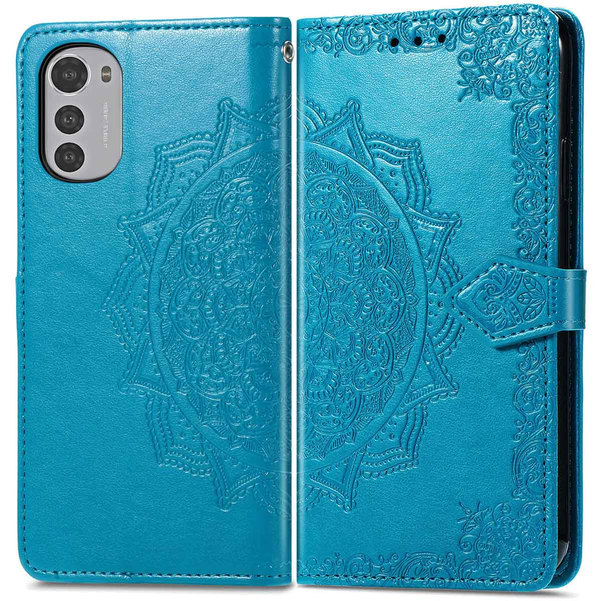 Coque de téléphone bleue avec un motif de mandala complexe et un motif floral, dans un style portefeuille.
