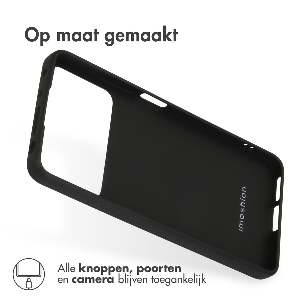 Zwarte telefoonhoes met uitsparingen en het logo "imoshion".