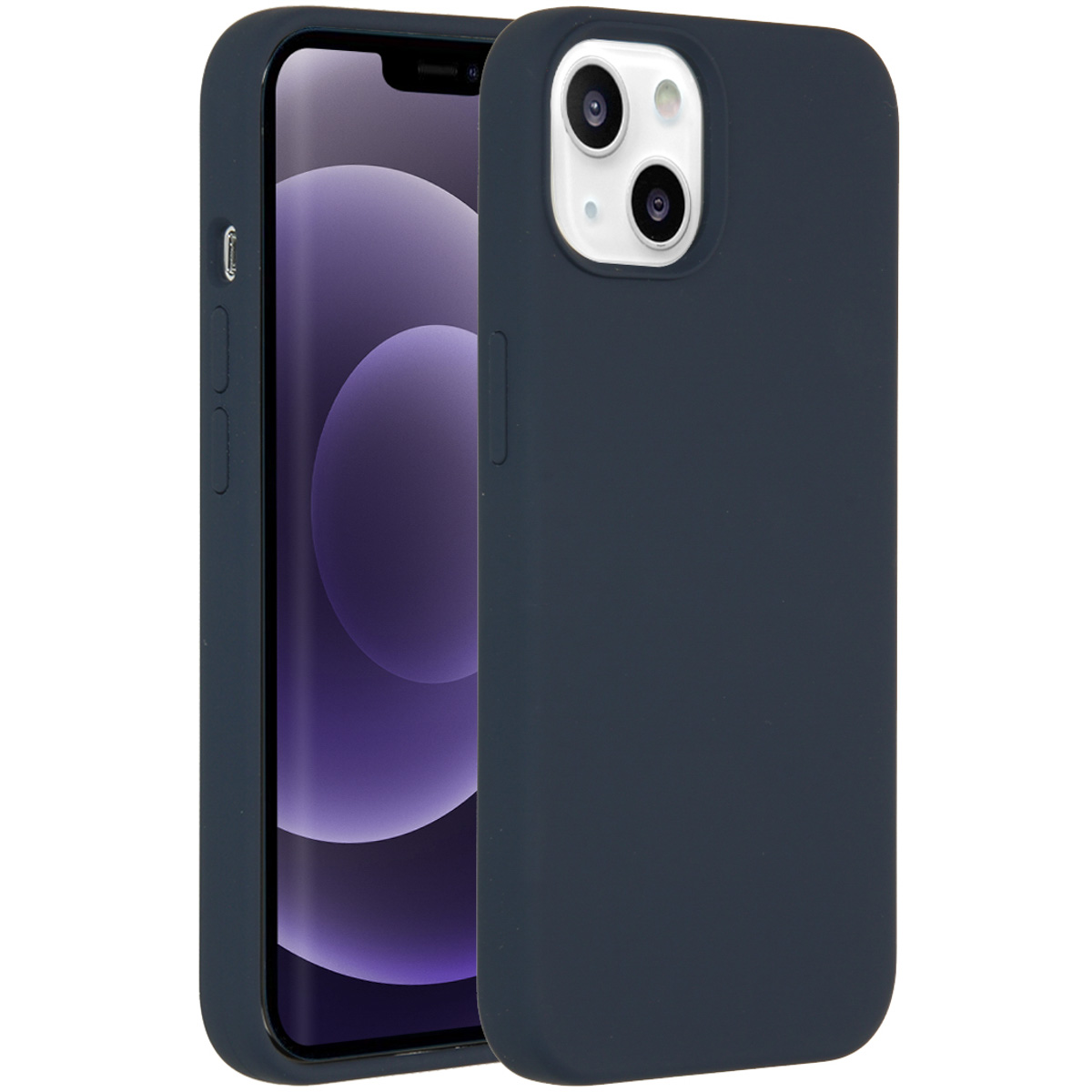 Een donkerblauw telefoonhoesje naast een telefoon. De telefoon heeft een zwart scherm.