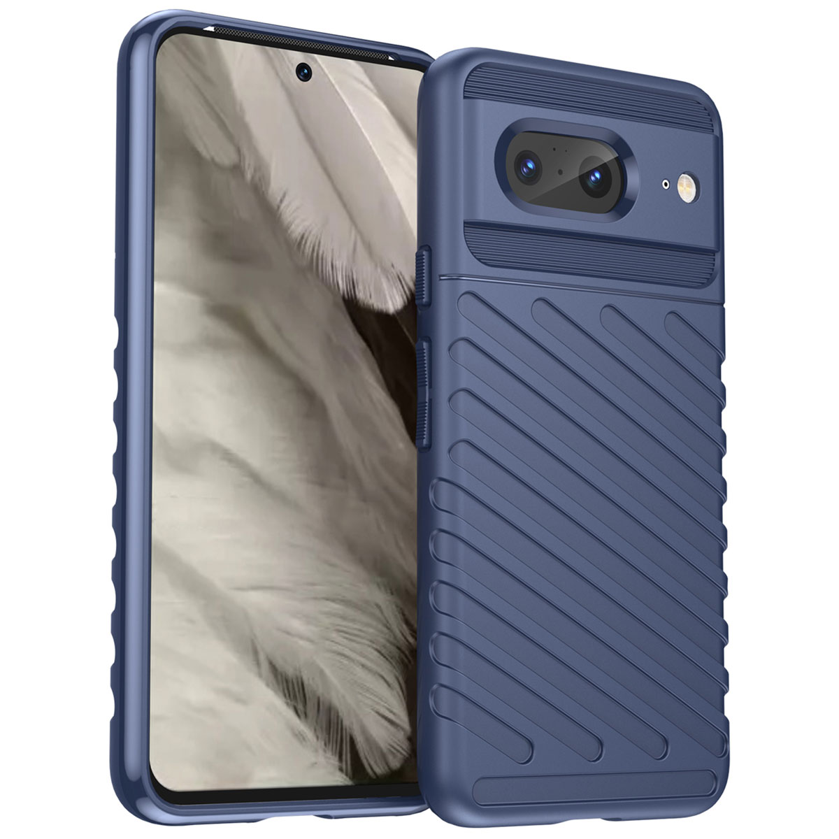 Een marineblauwe telefoonhoes op een grijze achtergrond. Het is een robuust ontwerp met ribbels.