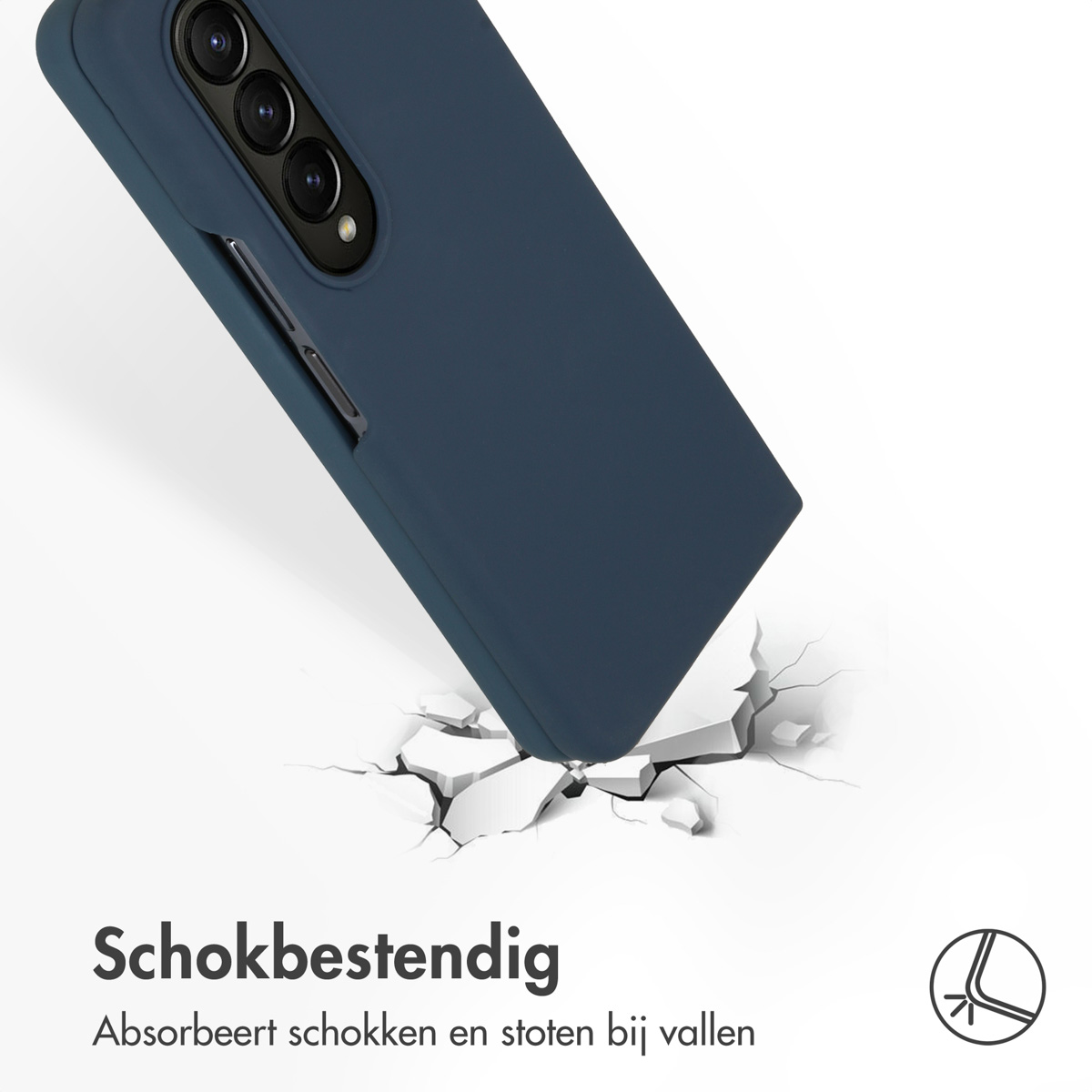 Une coque de téléphone bleu foncé tombe, fissurant le sol. La coque est inclinée, et le fond est blanc.