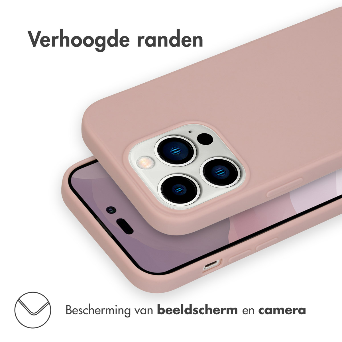 Une coque de téléphone rose avec des bords surélevés. La coque protège l'écran et la caméra.