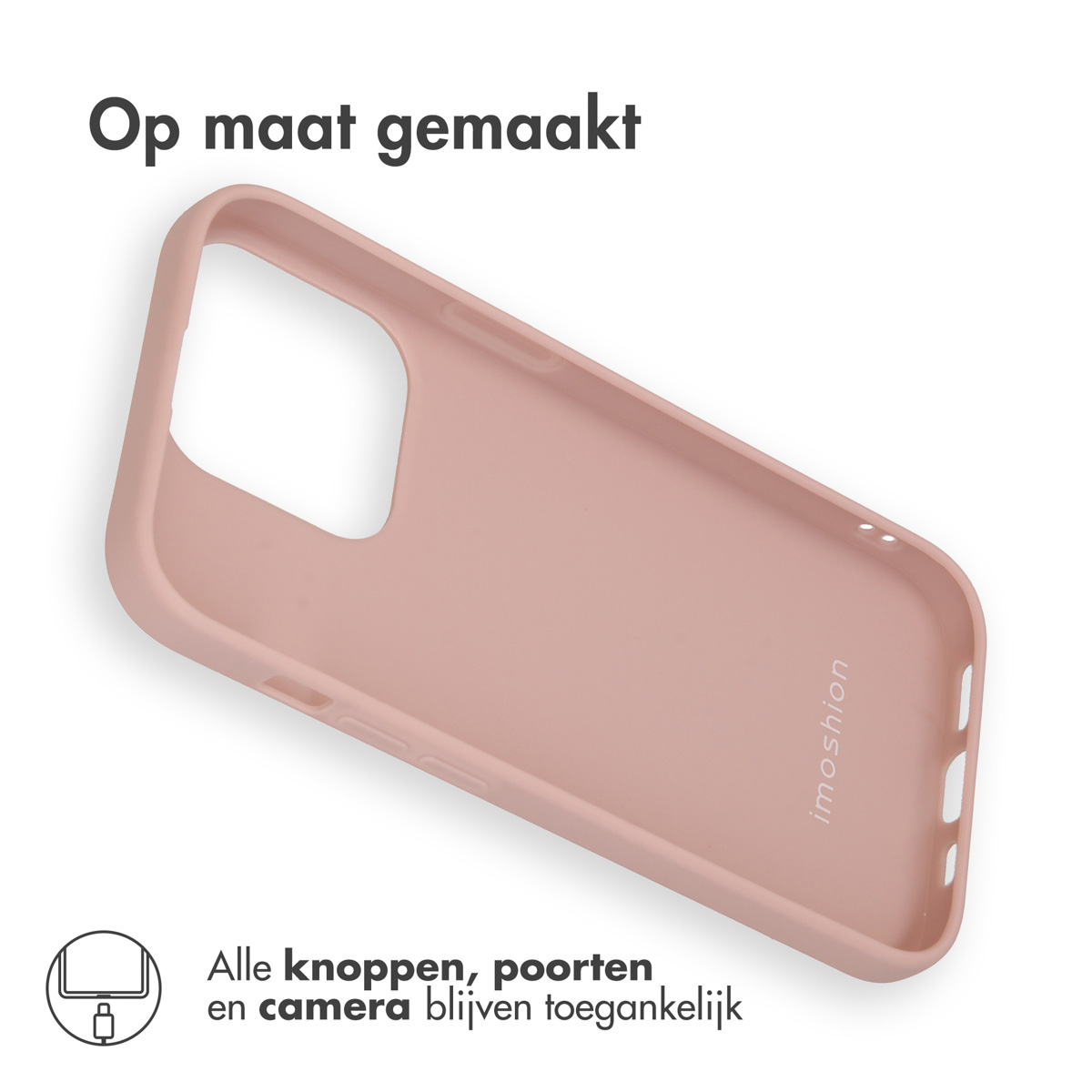 Une coque de téléphone rose avec le logo Imoshion. La coque a des ouvertures pour les boutons et l'appareil photo.