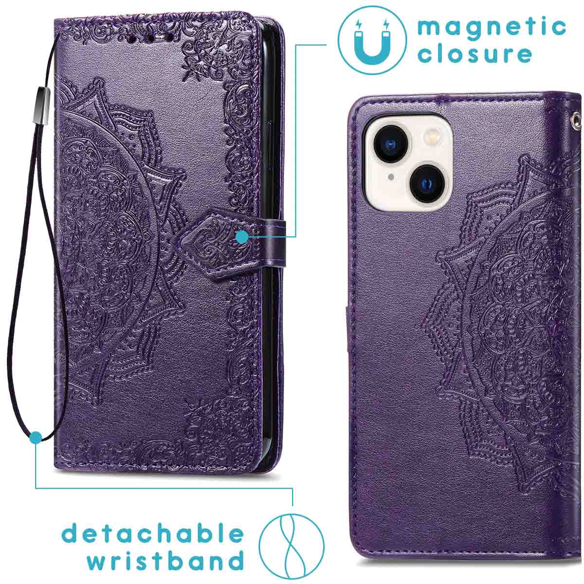 Paarse telefoonhoes met ingewikkeld ontwerp, afneembare polsband en magnetische sluiting.