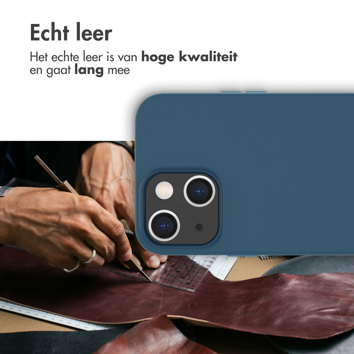 Mani che tagliano pelle con attrezzo accanto a custodia smartphone.