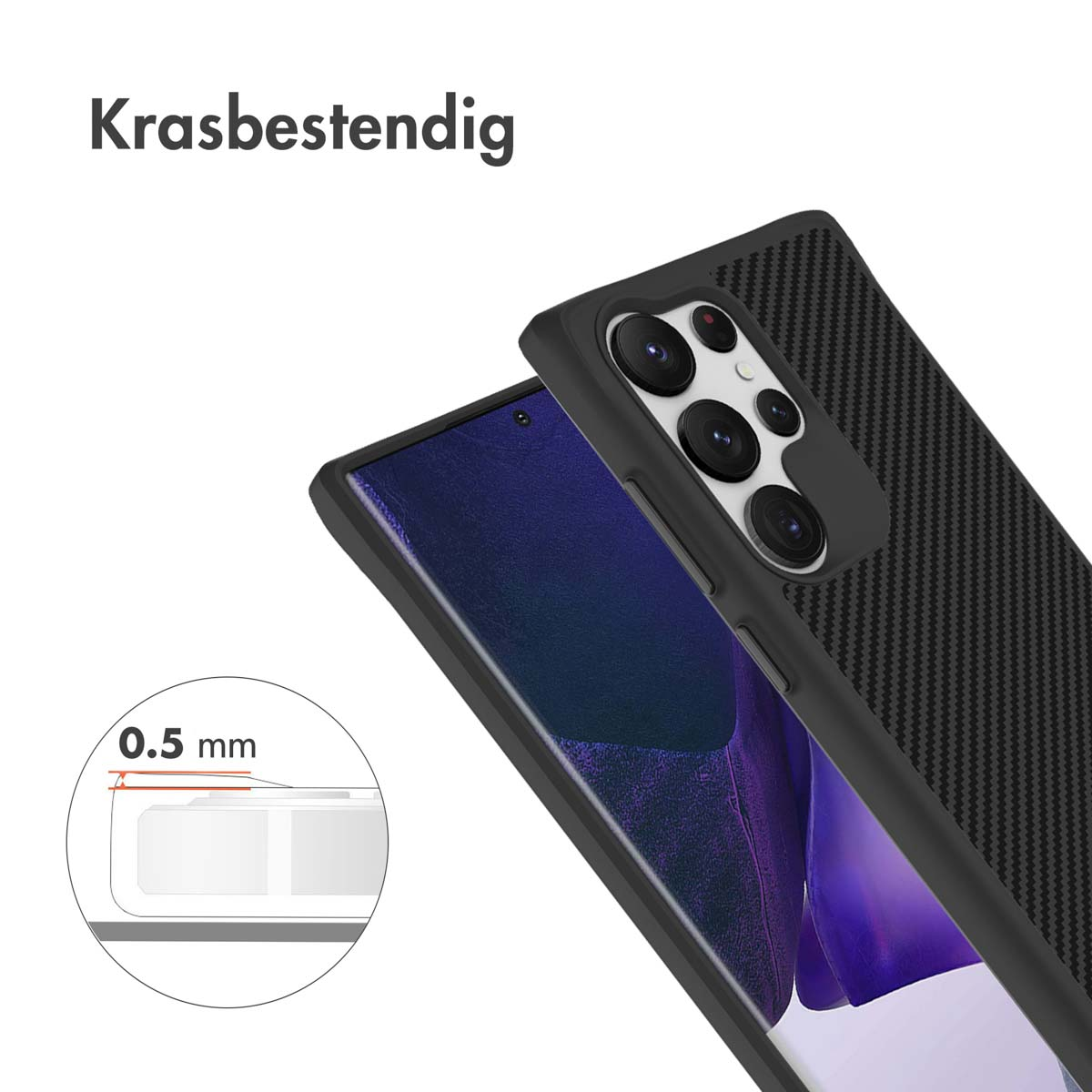 Een telefoonhoesje met een telefoon erin, waarbij het hoesje schuin staat om de camera te laten zien.