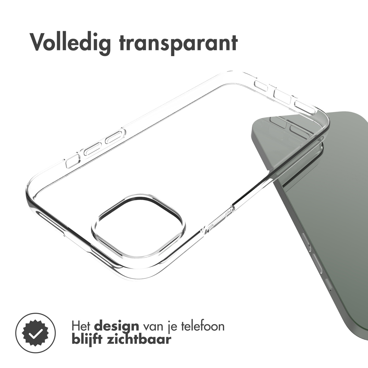 Transparante telefoonhoes met telefoon, tekst zegt dat het ontwerp van je telefoon zichtbaar zal zijn.