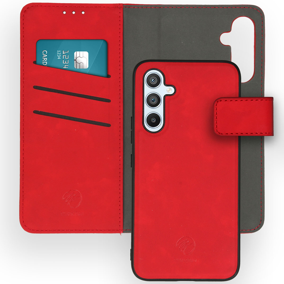 Coque de téléphone rouge ouverte, avec une carte à l'intérieur. Un téléphone est dans la coque.