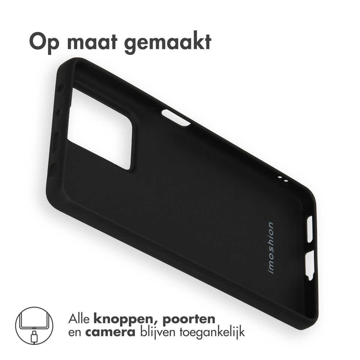 Coque de téléphone noire avec l'intérieur visible. La coque porte le nom de la marque.