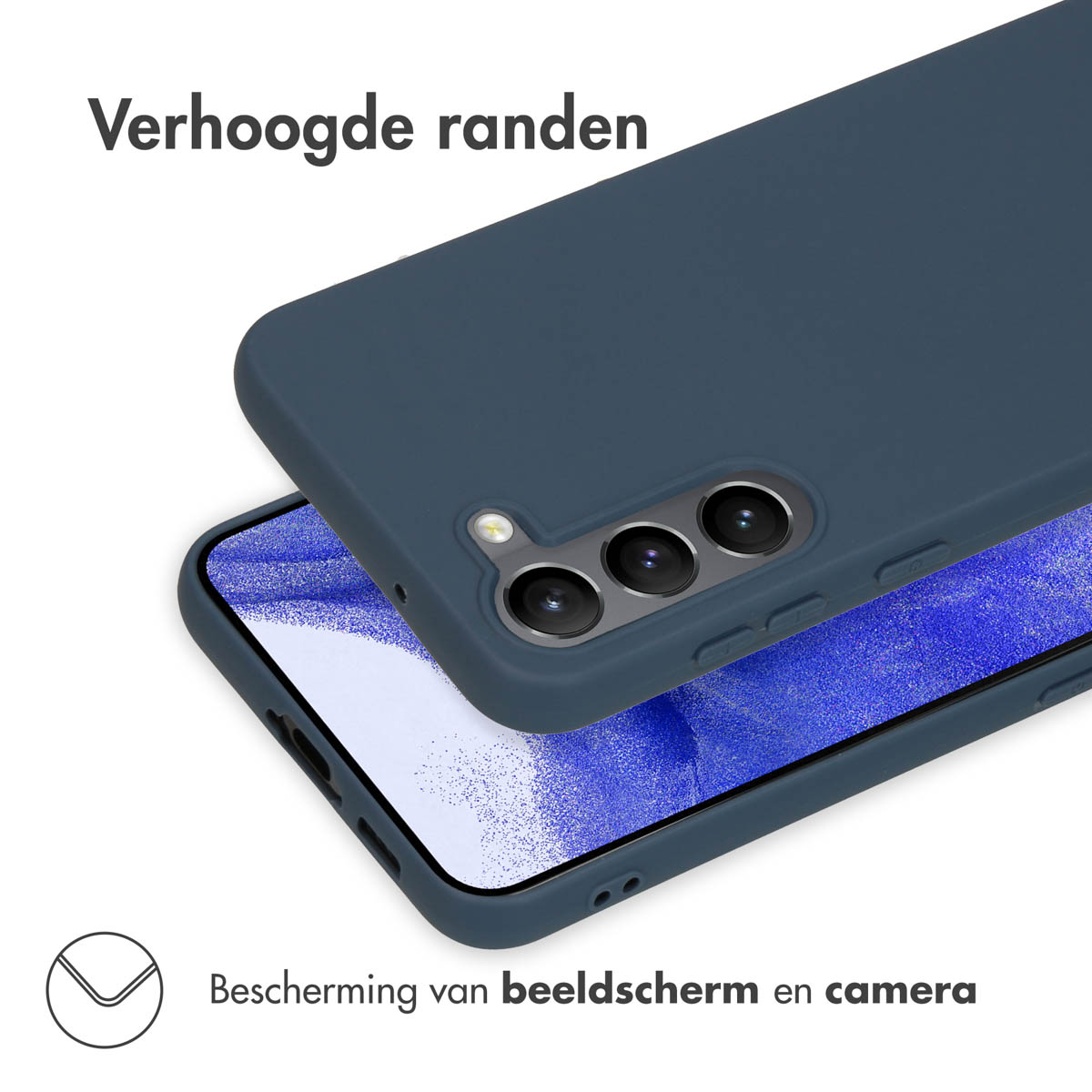 Donkerblauwe telefoonhoes met verhoogde randen voor scherm- en camerabescherming.