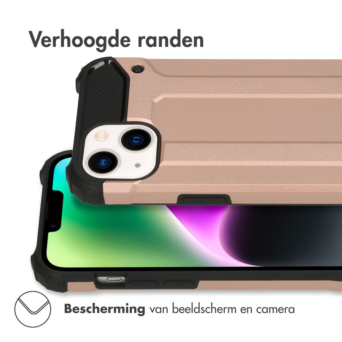 Una cover per telefono color oro rosa protegge uno smartphone con fotocamera scoperta.