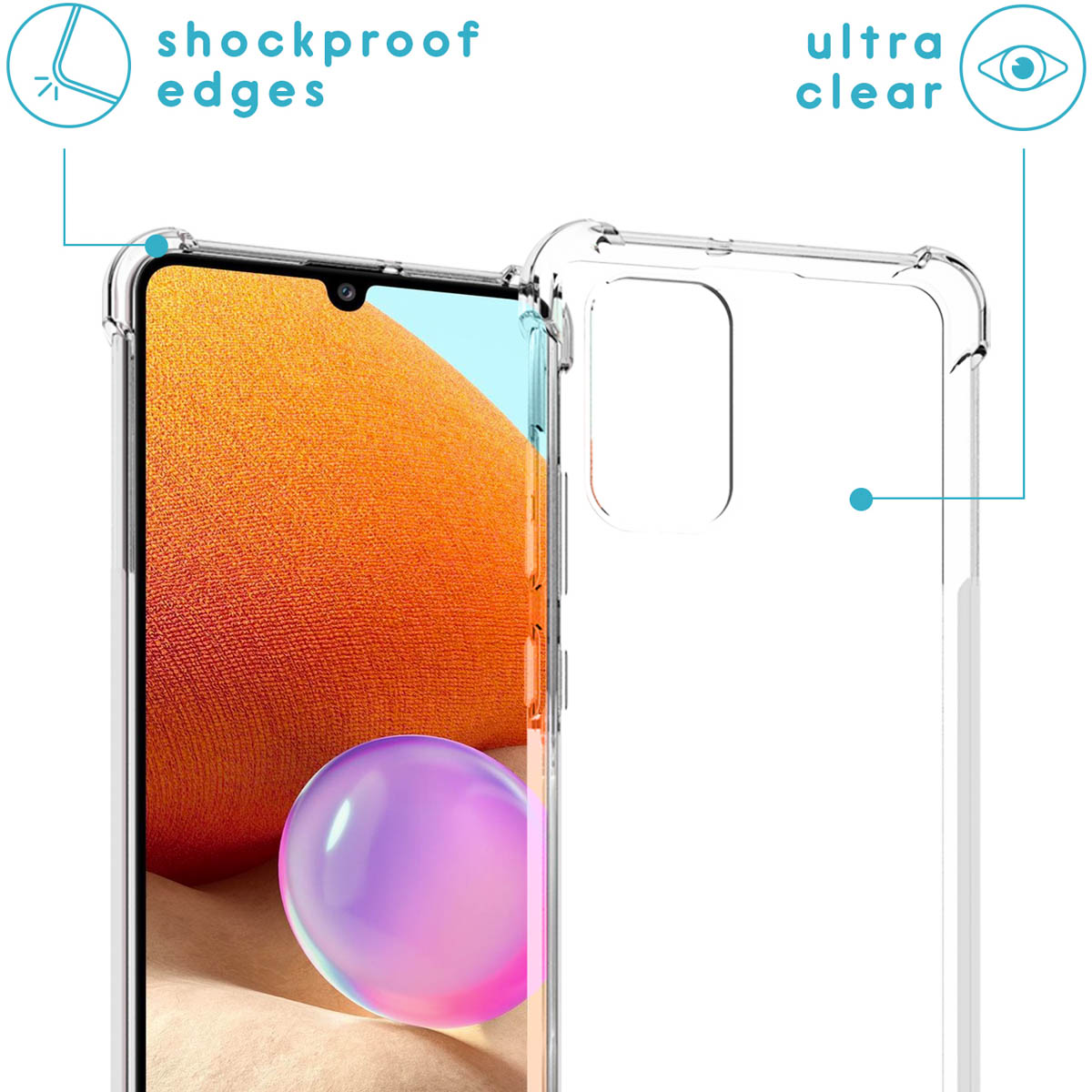 Een doorzichtige telefoonhoes met schokbestendige randen, die het telefoonscherm laat zien.