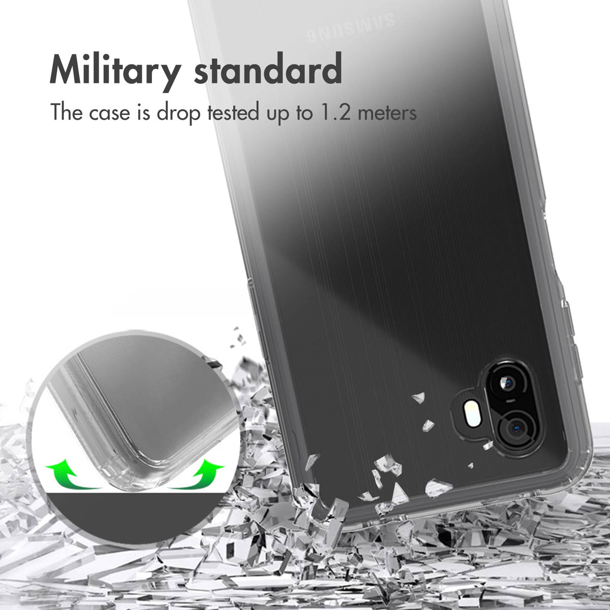 Clear phone case with "Military standard" text, on shattered glass.