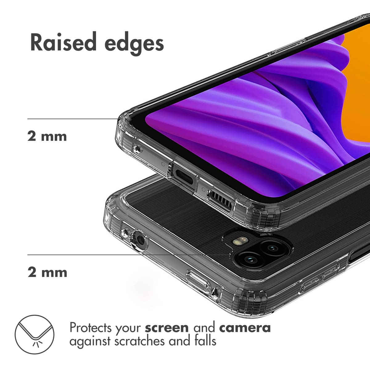 Clear case with 2mm raised edges protects phone screen and camera.