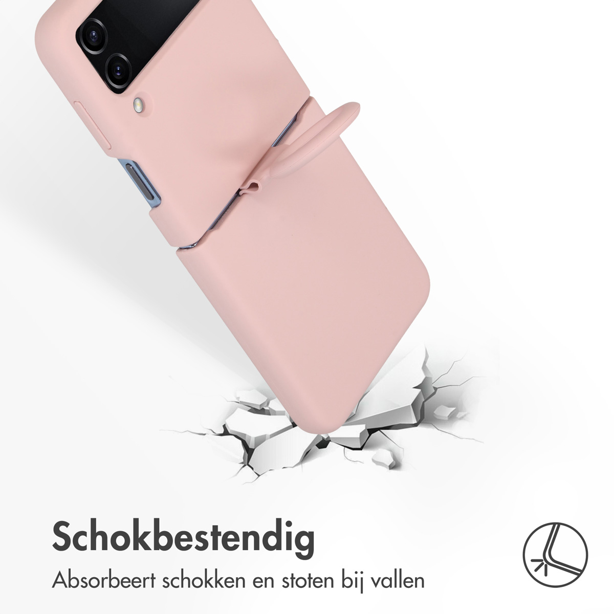 Custodia per telefono rosa con un telefono che cade e incrina la superficie, testo sulla resistenza agli urti.