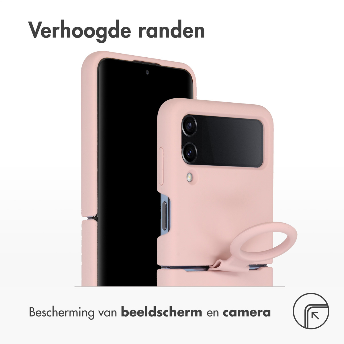 Custodia per telefono rosa con telefono all'interno e cinturino da polso. Testo: Protezione schermo e fotocamera migliorata.