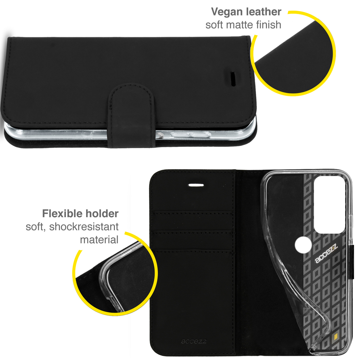 Custodia a portafoglio nera per telefono. Pelle vegana e supporto flessibile. Telefono non incluso.