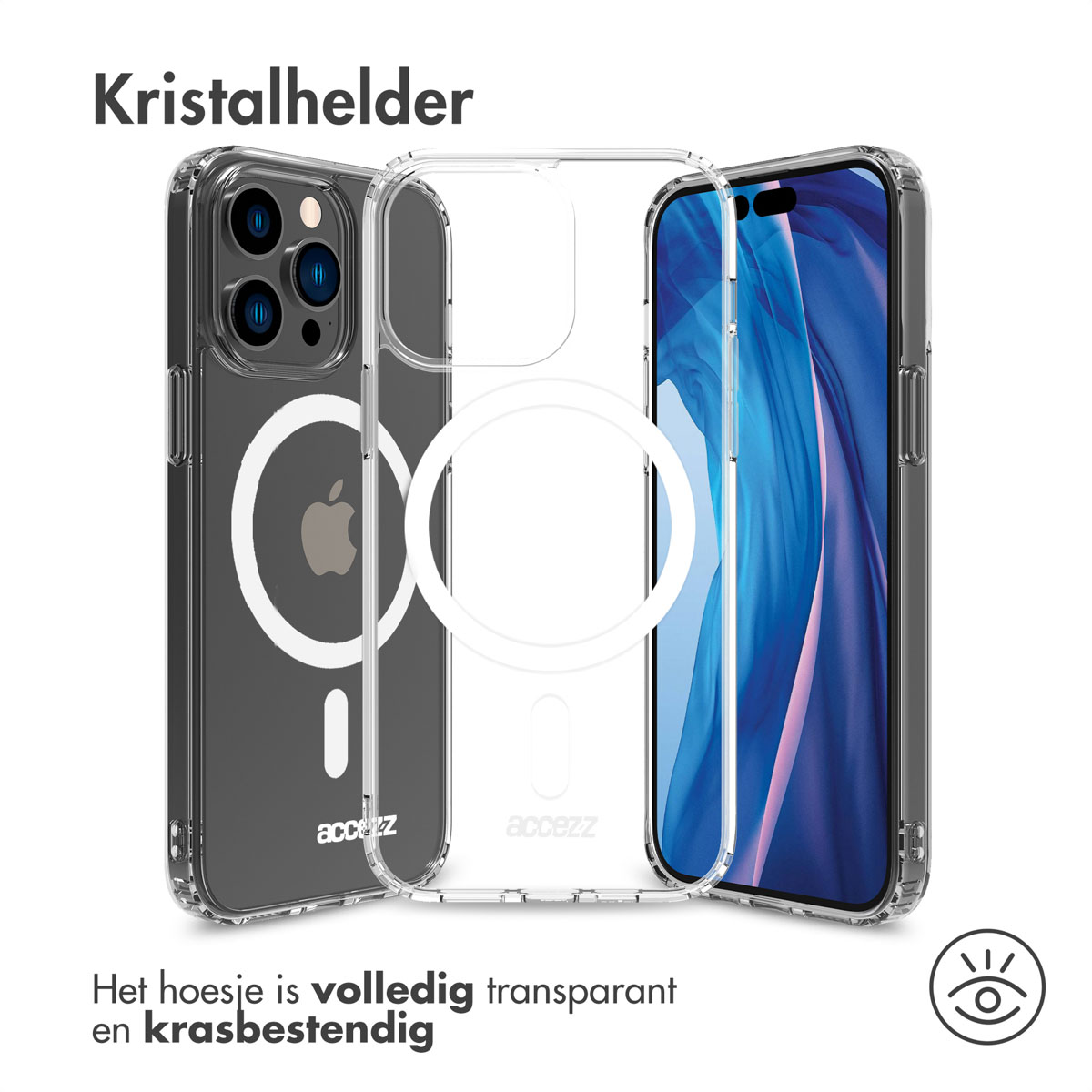 Een transparante telefoonhoes met magneetring en Apple-logo.