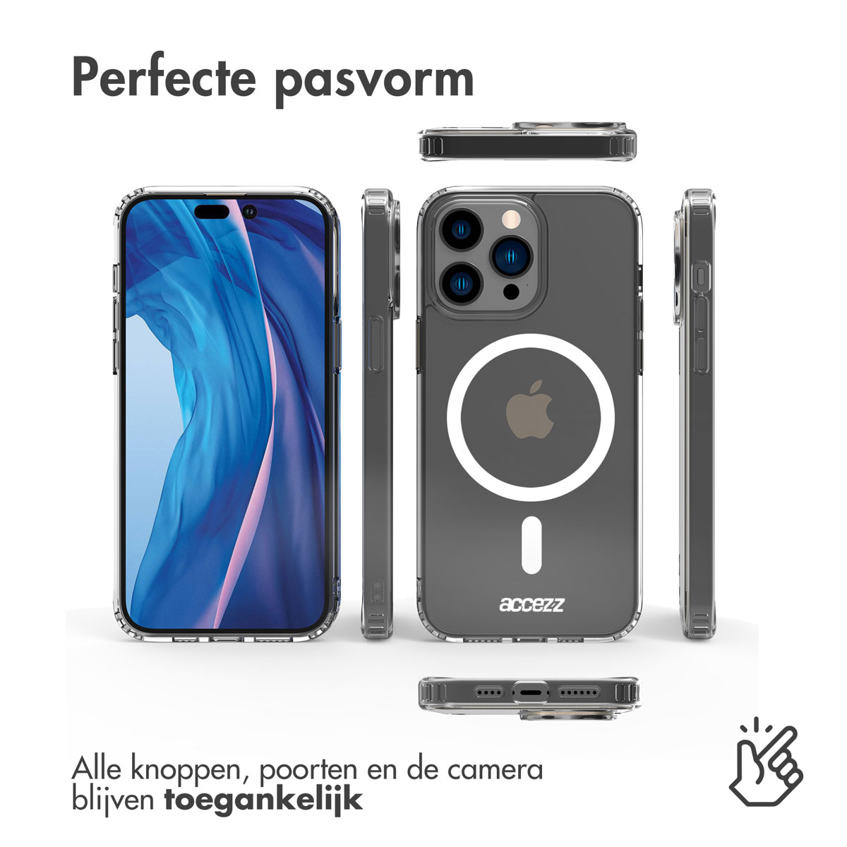 Transparante telefoonhoes met magneetring, verschillende aanzichten.