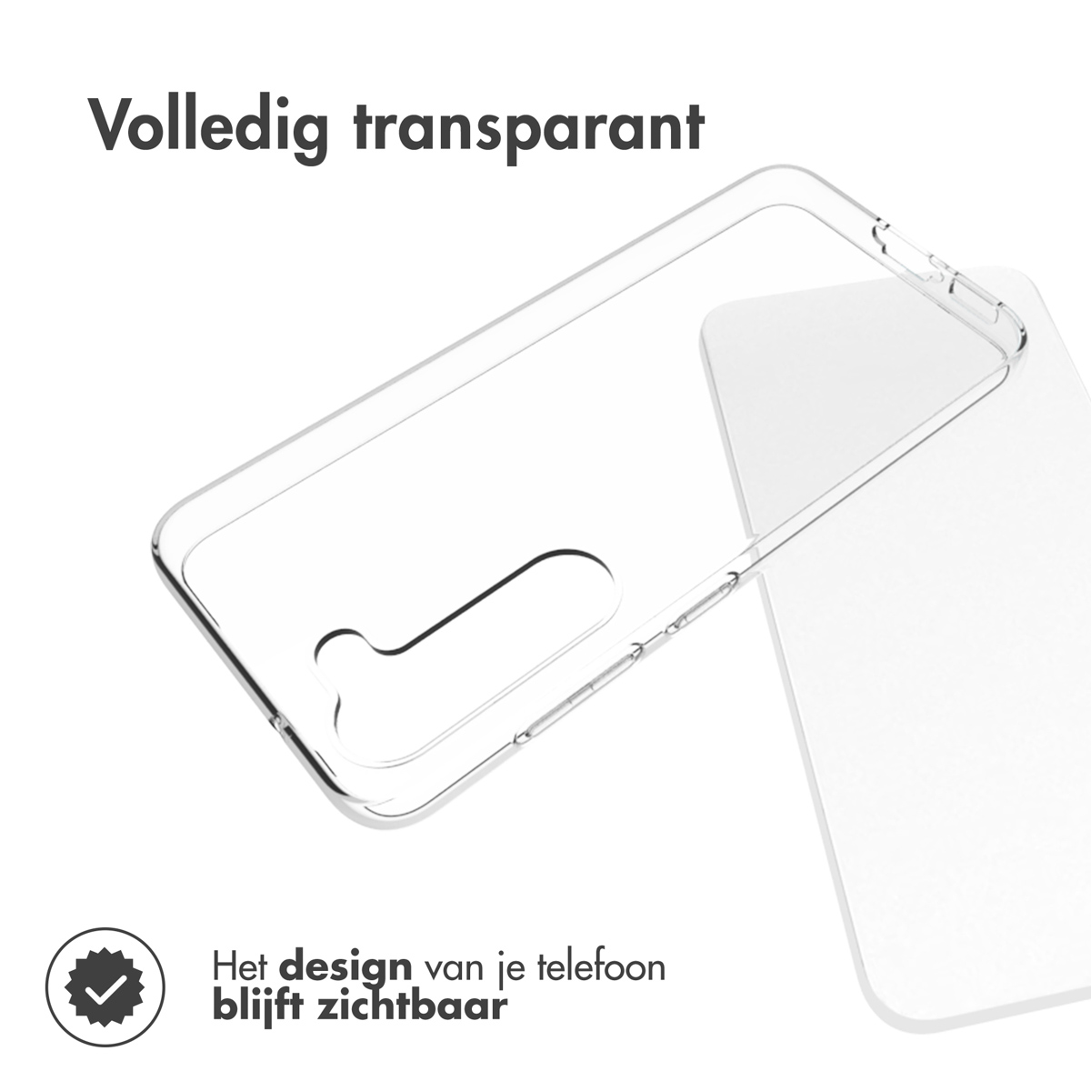 Custodia trasparente per telefono con ritagli per fotocamera e pulsanti.