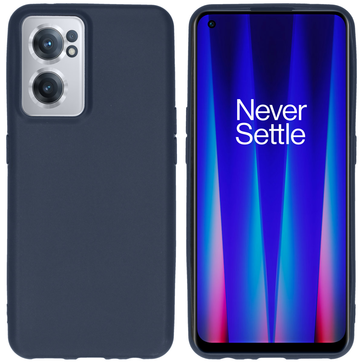 Marineblauwe telefoonhoes met een telefoon erin. De telefoon toont het Never Settle logo.