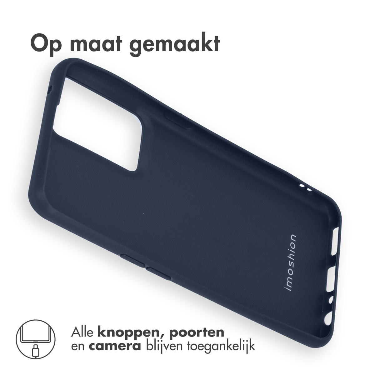 Donkerblauwe telefoonhoes met "imoshion" logo en uitsparingen.