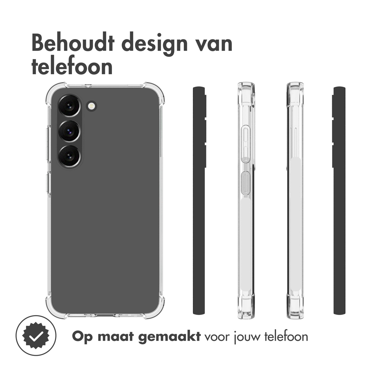 Telefoonhoesje met telefoon erin. Tekst: Behoudt het telefoonontwerp. Op maat gemaakt voor je telefoon.