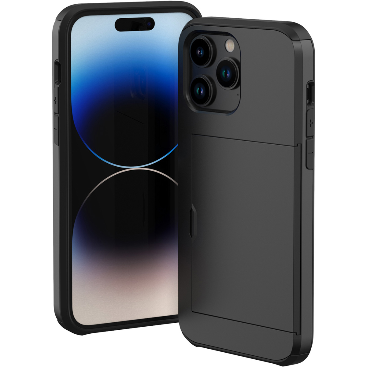 Zwarte telefoonhoes met telefoon erin. De telefoon is zwart met een scherm. De hoes heeft een kaartsleuf.
