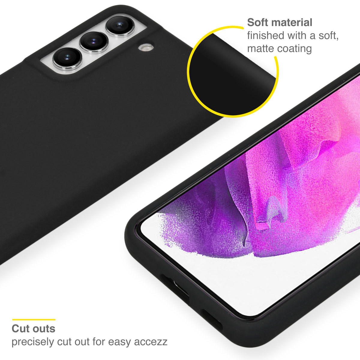 Coque de téléphone noire avec téléphone à l'intérieur. Texte : Matériau doux avec revêtement mat. Ouvertures découpées avec précision.