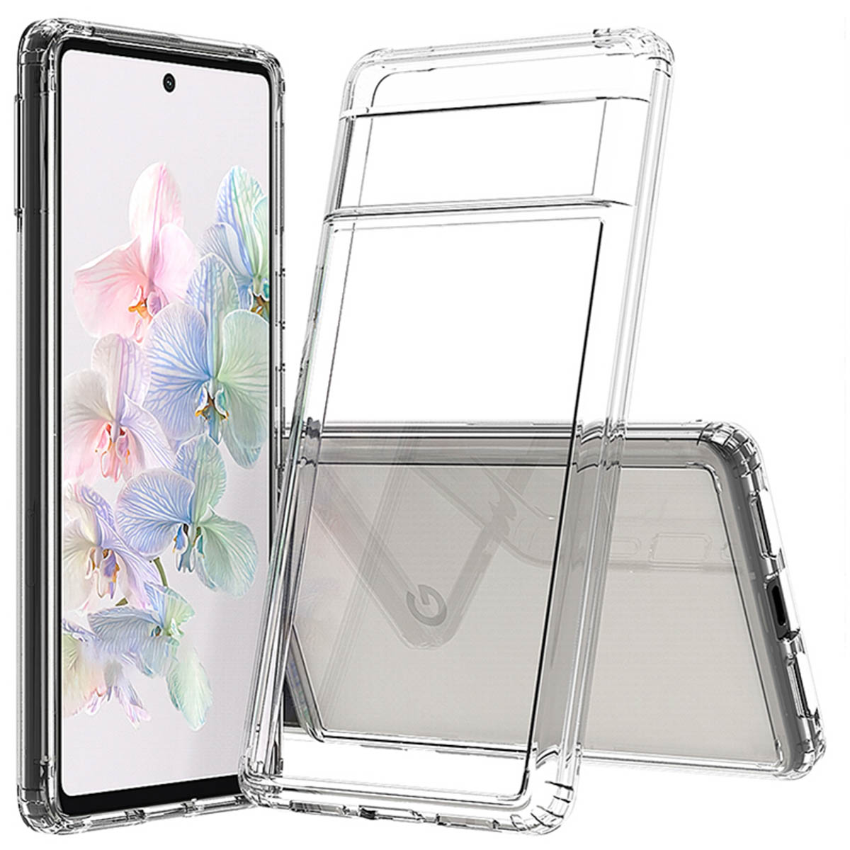 Coque de téléphone transparente sur un téléphone. Le téléphone est à gauche, la coque à droite, sur fond blanc.